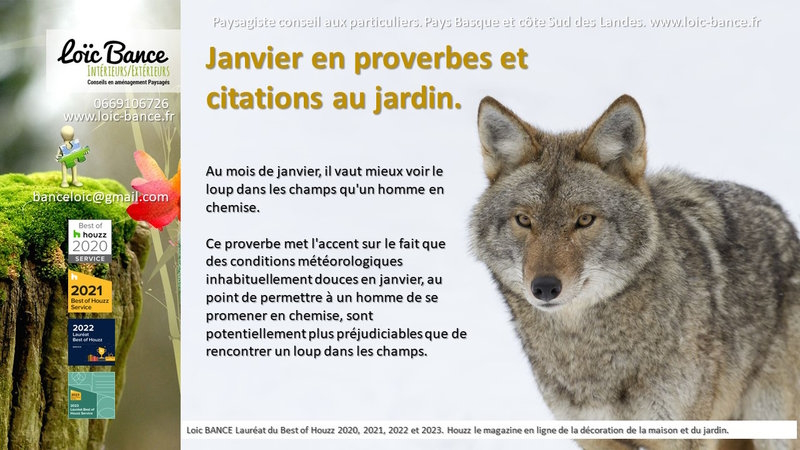 Jardins, Janvier, Pays Basque, Landes, Paysagiste.; Proverbes; Citations; Jardins d'ici; Paysages; Am�nagements paysagers; Landes; Paysagiste Landes; Pays Basque; Paysagiste Pays Basque; Concepteur de jardins; Ahetze; Paysagiste Ahetze; Anglet; Paysagiste Anglet; Arbonne; Paysagiste Arbonne; Arcangues; Paysagiste Arcangues; Bayonne; Paysagiste Bayonne; Biarritz; Paysagiste Biarritz; Capbreton; Paysagiste Capbreton; Gu�thary; Paysagiste Gu�thary; Hossegor; Paysagiste Hossegor; Saint Jean de Luz; Paysagiste Saint Jean de Luz; Seignosse; Paysagiste Seignosse; Tosse; Paysagiste Tosse; Dax; Paysagiste Dax; Mont de Marsan 40000; Paysagiste Mont de Marsan; Paysagiste Brassempouy; Brassempouy 40330; Paysagiste Ahaxe-Alciette-BascassanAhaxe-Alciette-Bascassan 64220; Saint-Pandelon 40180; Paysagiste Saint-Pandelon; Ascain 64310; Paysagiste Ascain; Amou 40330; Paysagiste Amou; Louhossoa 64250; Paysagiste Louhossoa; Tarnos 40220; Paysagiste TARNOS; Ondres; Paysagiste Ondres; Rivi�re-Saas-et-Gourby 40180; Paysagiste Rivi�re-Saas-et-Gourby; B�nesse-Maremne 40230; Paysagiste B�nesse Maremne; 